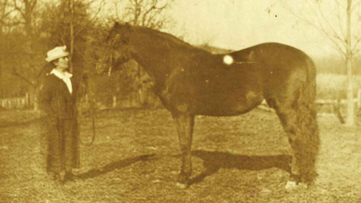 Laura Ingalls Wilder stands with a horse